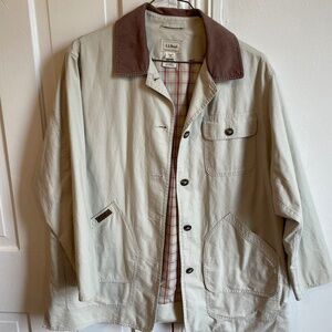 Vintage L.L. Bean Beige Barn Chore Jacket with Brown Collar Plaid Liner Size L